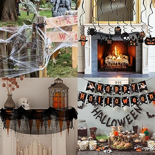 Décoration de Fête Halloween, 25PCS Articles Halloween, Halloween Décoration Effrayante avec Toile d'araignée, Deco Guirlande, Ballons, Les Décorations Set Extérieures Intérieures de Fête d'halloween