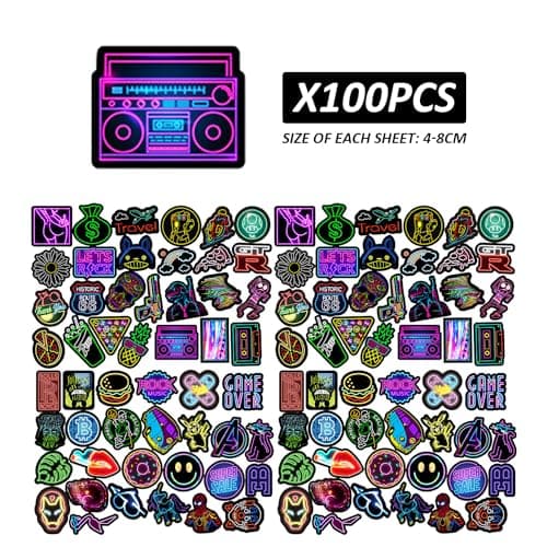 Lot de 100 autocollants graffiti néon imperméables pour enfants et adultes, adaptés pour les ordinateurs portables, les skateboards, les vélos
