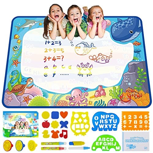PHYLES Tapis de Dessin à Eau, 100 * 70cm Pas de Gâchis Tapis Dessin Enfant, 10 Couleurs Tapis Doodle Matte, Jouets Éducatifs pour Enfants, Cadeau de Noël Adapté aux Enfants dès 2 ans+