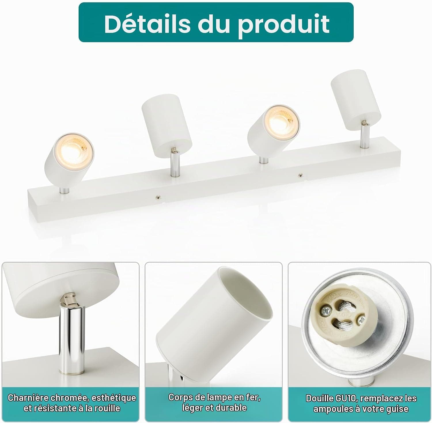 wowatt Plafonnier 4 Spots, GU10 Rampe de Spot Orientable, Lampe de Spot Plafonnier Blanc, Luminaire Spot Interieur Plafond, Éclairage LED Plafond Pivotant pour Salon, Chambre, Cuisine, Sans Ampoules