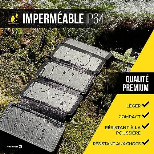 Batterie Externe Solaire avec 5 Panneaux Pliables, Câble Universel 3en1 & Lampe LED. Kit pour Randonnée Camping Survie. Power Bank, Alimentation Nomade pour Smartphone et Autres, idéal Survivalisme