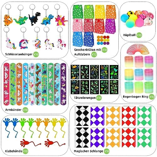 80 Pièces Kit Cadeau Anniversaire Enfants Invites - Sac Mixte Assortiment Jouet Prix du Trésor pour Fille Garçon(spirales arc-en-ciel,Porte-clés,Tatouage)