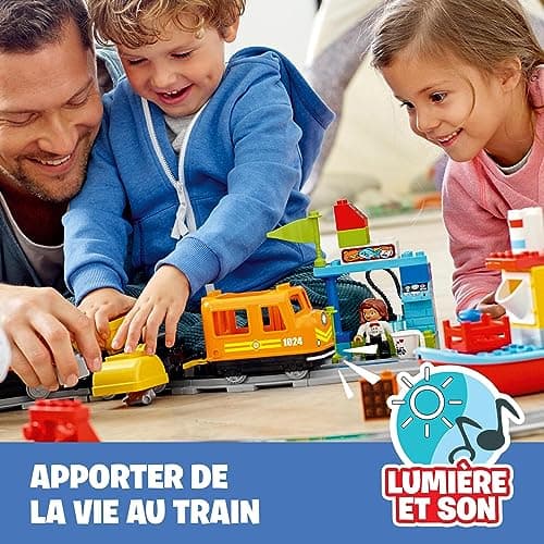 LEGO 10875 Duplo Le Train De Marchandises: Jouet Éducatif avec Rails, Son et Lumière, Grue Télécommandée, Idéal pour Les Petits Ingénieurs, Cadeau pour Enfants de 2 Ans et Plus