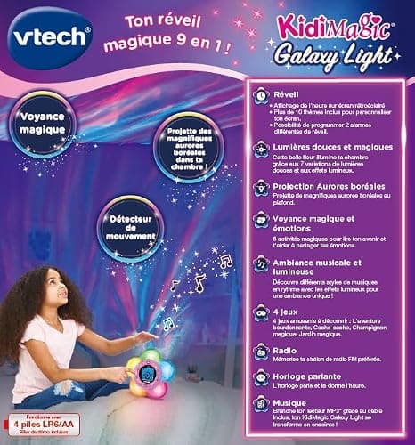 VTech - KidiMagic Galaxy Light Rose, Radio Réveil Enfant 9 en 1 avec Effets Lumineux, Projection d'Aurores Boréales au Plafond, Enceinte, Jeux, Cadeau Enfant de 6 Ans à 12 Ans - Contenu en Français
