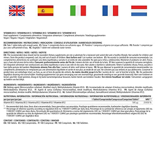 Vitamine B12 500 mcg Méthylcobalamine Hautement Dosée & Végétalienne - 180 comprimés pour 6 mois - Complément Alimentaire Naturel Sans Additifs