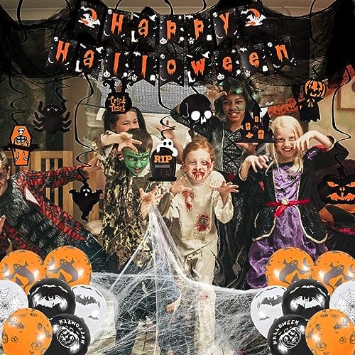 Décoration de Fête Halloween, 25PCS Articles Halloween, Halloween Décoration Effrayante avec Toile d'araignée, Deco Guirlande, Ballons, Les Décorations Set Extérieures Intérieures de Fête d'halloween