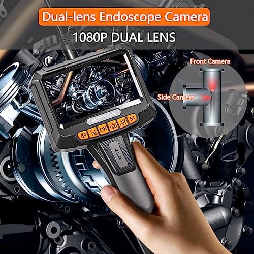Endoscope Industriel, SGAINUL IPS 5" Pouces Caméra Endoscope Industriel Double Objectif Caméra Endoscopique avec 6+1 LED Réglables, Caméra Etanche IP67, Carte 32 Go