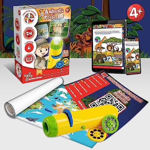 Science4you Lampe Torche et Projecteur Animaux pour Enfants 4+ Ans - Veilleuse avec 24 Images et Poster Animaux, Jouet Éducatif pour Garçons et Filles