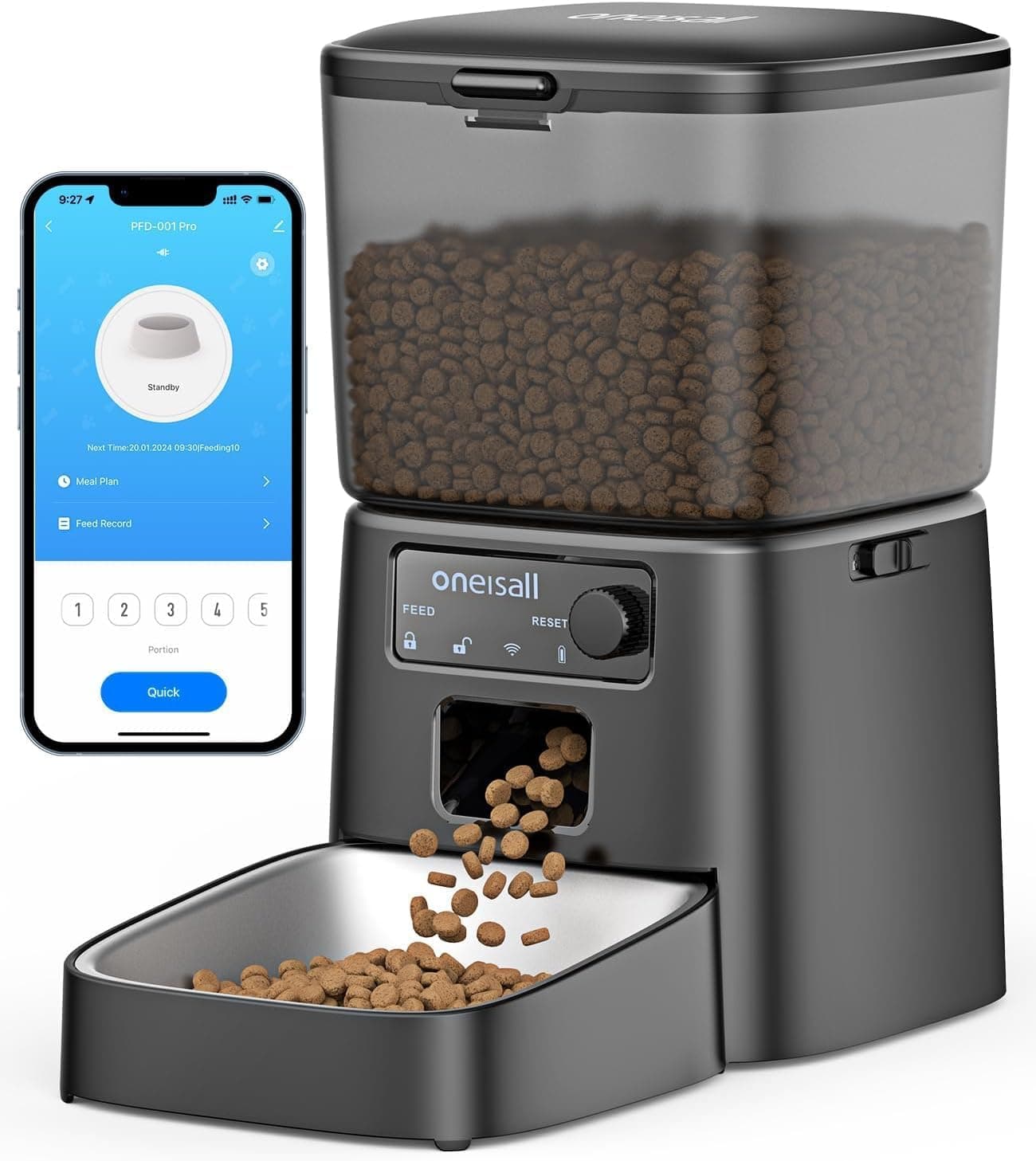 oneisall 3.5L Distributeur Croquettes Chat Automatique WiFi 2,4 GHz, Noir | Distributeur de Nourriture avec APP, Gamelle Automatique pour Chat/Chiens, Mangeoire Programmable, 1-10 Repas/Jour, Bol Inox