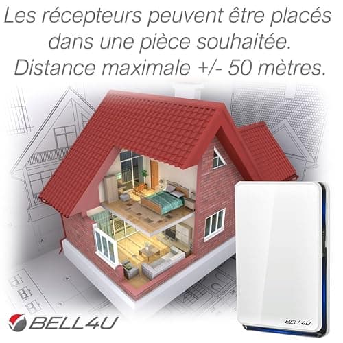 Bell4U Sonnette sans Fil Exterieur Etanche - 3 destinataires - Sonnette sans Fil Auto-alimentée 100 m, Sonnette électronique étanche IP65, Carillon Lumineux LED, 52 mélodies, 4 Niveaux de Volume