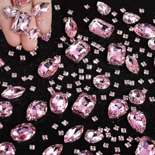 GEFIRE 186 Pcs Couture Strass, Strass a Coudre Griffes en Métal Incrustées, Strass Decor Verre Strass Cristal Pour les vêtements de Bricolage, Les Accessoires de Diamant Cousus à la Main (Rose)