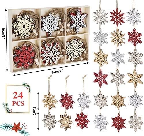ilauke Flocons de Neige en Bois de Noël Ornement,24Pcs Artisanat en Bois de Flocon,6 Styles Deco Noël Bois Flocon avec Ficelle de Chanvre,Suspension Noël en Bois pour Décoration de Fête d'hiver-7cm