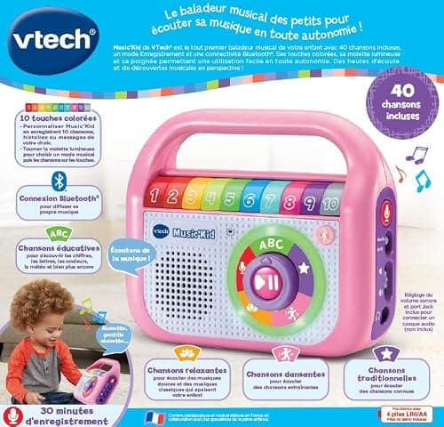 VTech - Music'Kid Rose, Baladeur Musical Enfant, Enceinte Bluetooth Lumineuse avec Comptines, Chansons Éducatives et Relaxantes, Enregistreur Vocal, Cadeau Enfant Dès 2 Ans - Contenu en Français