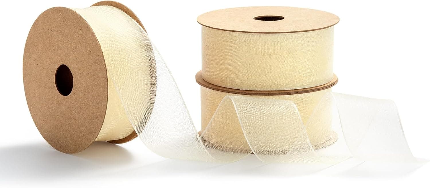 MORSUNBELA Ruban en organza beige - Large ruban cadeau - Soie - Décoratif - 25 mm x 9 m - Crème