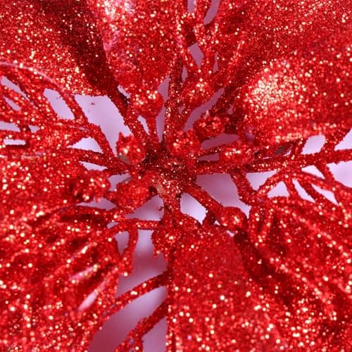 MHMondawn Lot de 18 fleurs de Noël à paillettes avec clips - 12 nœuds - Étoile de Noël - Fleurs - Décoration d'arbre de Noël (paillettes rouges)