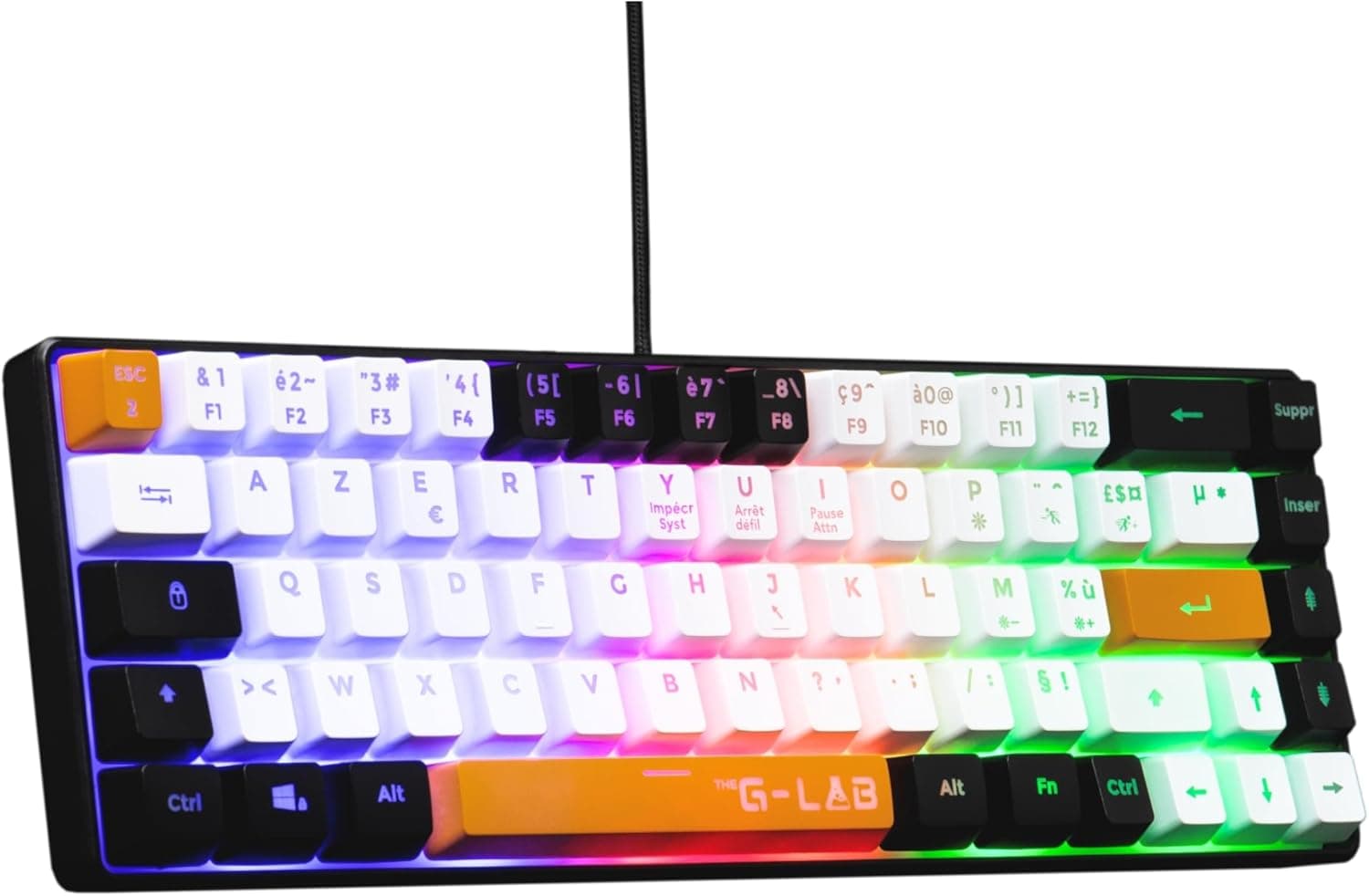 The G-Lab Keyz Hydrogen, Clavier Gamer 60%, Semi-mécanique Filaire Azerty, Rétroéclairage Multicolore- Mini Clavier Gamer Silencieux, Format Compact TKL - PC/PS5 (Noir/Blanc/Orange) | Filaire USB, Format 60% Compact, Semi-mécanique, Rétroéclairage Multicolore, Silencieux, Noir/Blanc/Orange