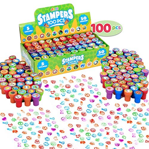 100 Tampons Assortis pour Enfants Tampons Auto-Encreurs (50 Modèles Différents, Tampons en Plastique, Tampons, Tampons Dinosaures, Tampons Zoo Safari) pour les Oeufs de Pâques, Cadeaux
