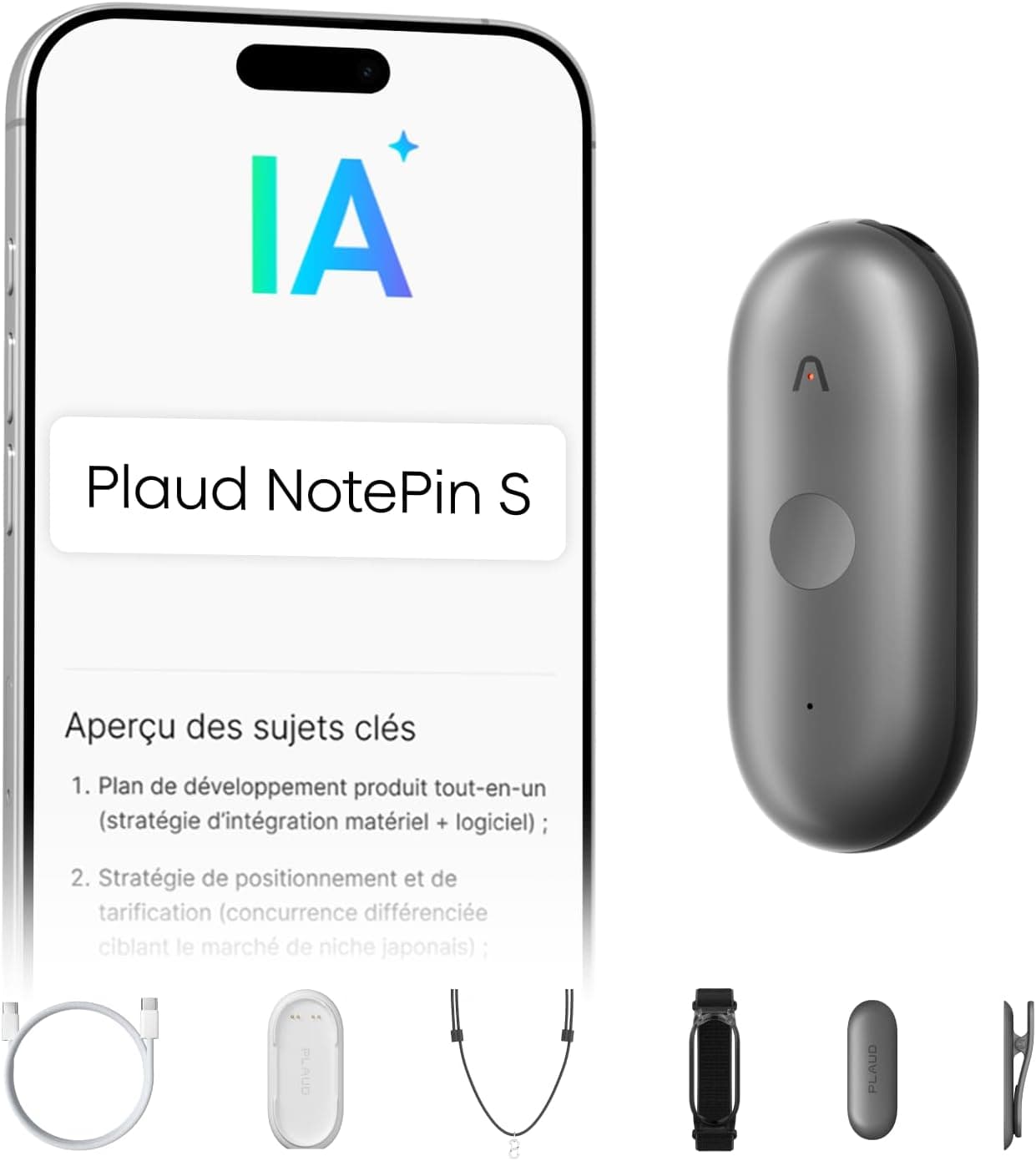 Plaud NotePin S Enregistreur Vocal IA avec Bouton Tactile Prise de Notes IA Transcription Résumé IA et Team Plan Dictaphone Enregistreur Numérique pour Réunions Interviews avec 4 Accessoires Gris