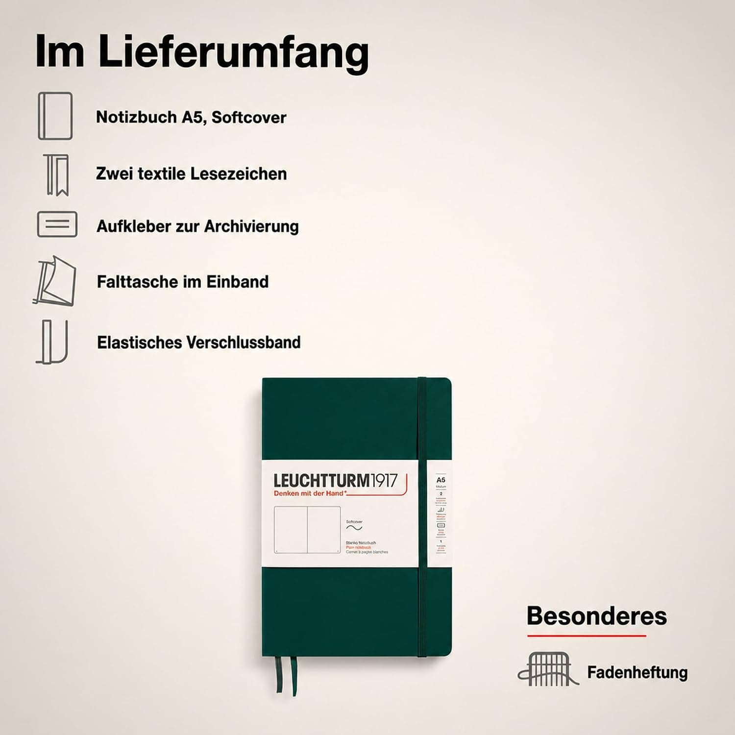 LEUCHTTURM1917 367268 Carnet de notes Medium (A5), Couverture souple, 123 pages numérotées, Forest Green, blanc
