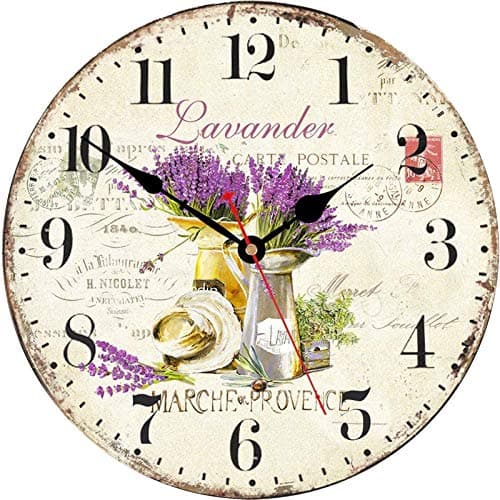 TAHEAT Romantique Lavande Horloge Murale, Français Mauve l'amour Floral Horloges, Exact Décoratif Lisible Pendules Murales pour Le Salon/Chambre/Salle de Bains/ 34 cm