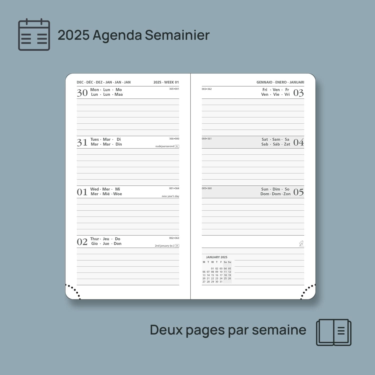 POPRUN Agenda de Poche 2025 16,5 x 9 cm - Couverture Rigide en PU Cuir, Petit Planner Semainier D'Jan 2025 à Déc 2025-12 Mois, Avec signet à 2 rubans, Papier 100 g/m2, Rose