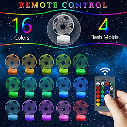 Football Veilleuse LED 3D Lampe Optique Illusion Veilleuse Enfant Lampe de Nuit pour Chambre Chevet Table avec 16 Couleurs et Télécommande Cadeau de Football pour Garçons Filles(Base Fissurée)