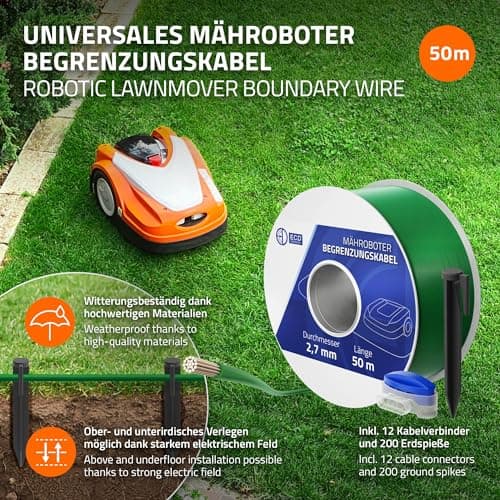 ECD Germany Câble Périphérique Universel pour Tondeuse-Robot, 50m, 12 Connecteurs de Câble + 200 Piquets de Terre, Ø 2,7 mm, Fils d'Aluminium Étamés et Cuivrés, Câble de Délimitation pour Jardins