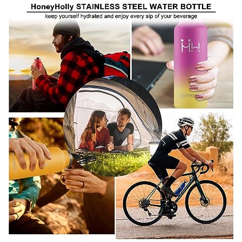 HoneyHolly Gourde Isotherme - Bouteille Isotherme 1L - Gourde INOX avec Paille - Gourde Sport Étanche - 18/8 Acier Inoxydable, Bouteille d'eau pour Sport, Randonnée, École, Bureau