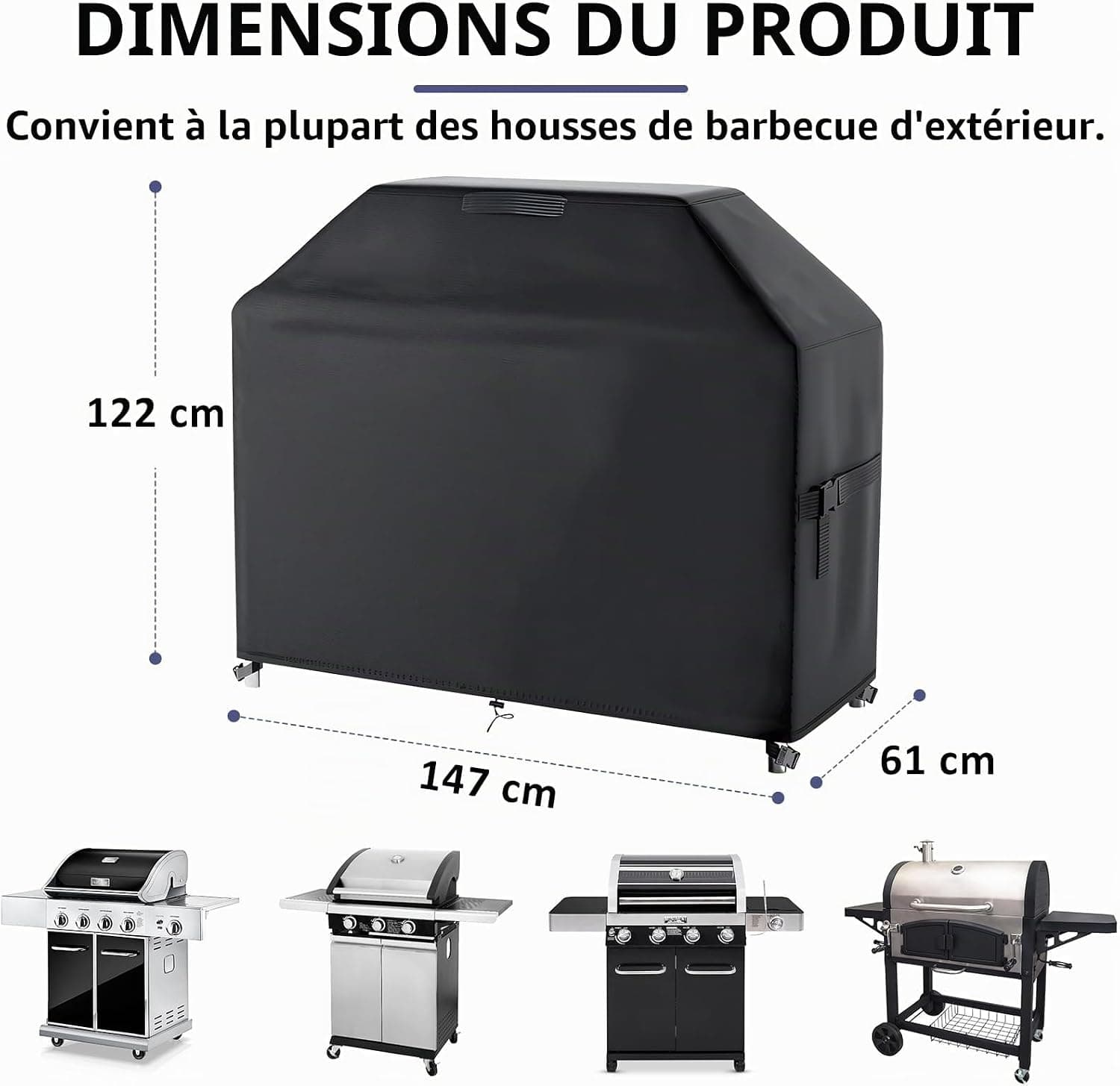 Housse Barbecue Exterieur, 600D Oxford Bache Barbecue pour Weber, Brinkmann, Enders, Char Broil, Housse de Protection BBQ de Anti-Vent, Anti-UV, Antipoussière, Anti-l'eau (147x61x122cm)