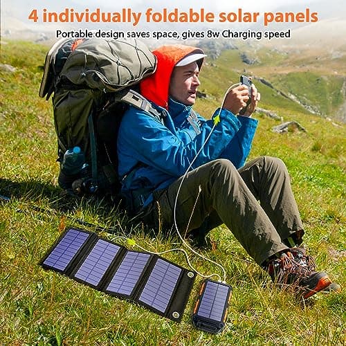 Panneau Solaire Pliable 8W avec Batterie Solaire 26800 mAh PD 15 W Chargeur Solaire QC3.0 USB C Charge Rapide et 4 Sorties Batterie Externe Chargeur Portable pour téléphones Portables, Camping