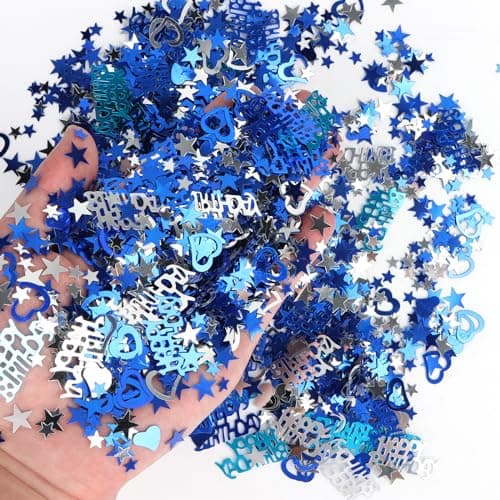 3200Pcs Confettis Anniversaire, RUNEAY Confettis HAPPY BIRTHDAY Deco Anniversaire, Confettis Joyeux Anniversaire Decoration, Decoration Table Anniversaire Confettis Bleu Argenté pour Anniversaire
