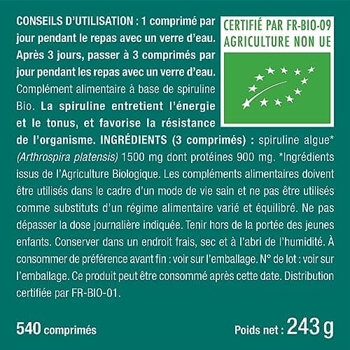 Spiruline BIO - Sans Excipients & OGM - 19% de Phycocyanine - Riche en Protéines, Fer & Antioxydants - Nutrimea - 540 Comprimés Vegan de 500 mg - 6 Mois de Cure - Fabriqué en France