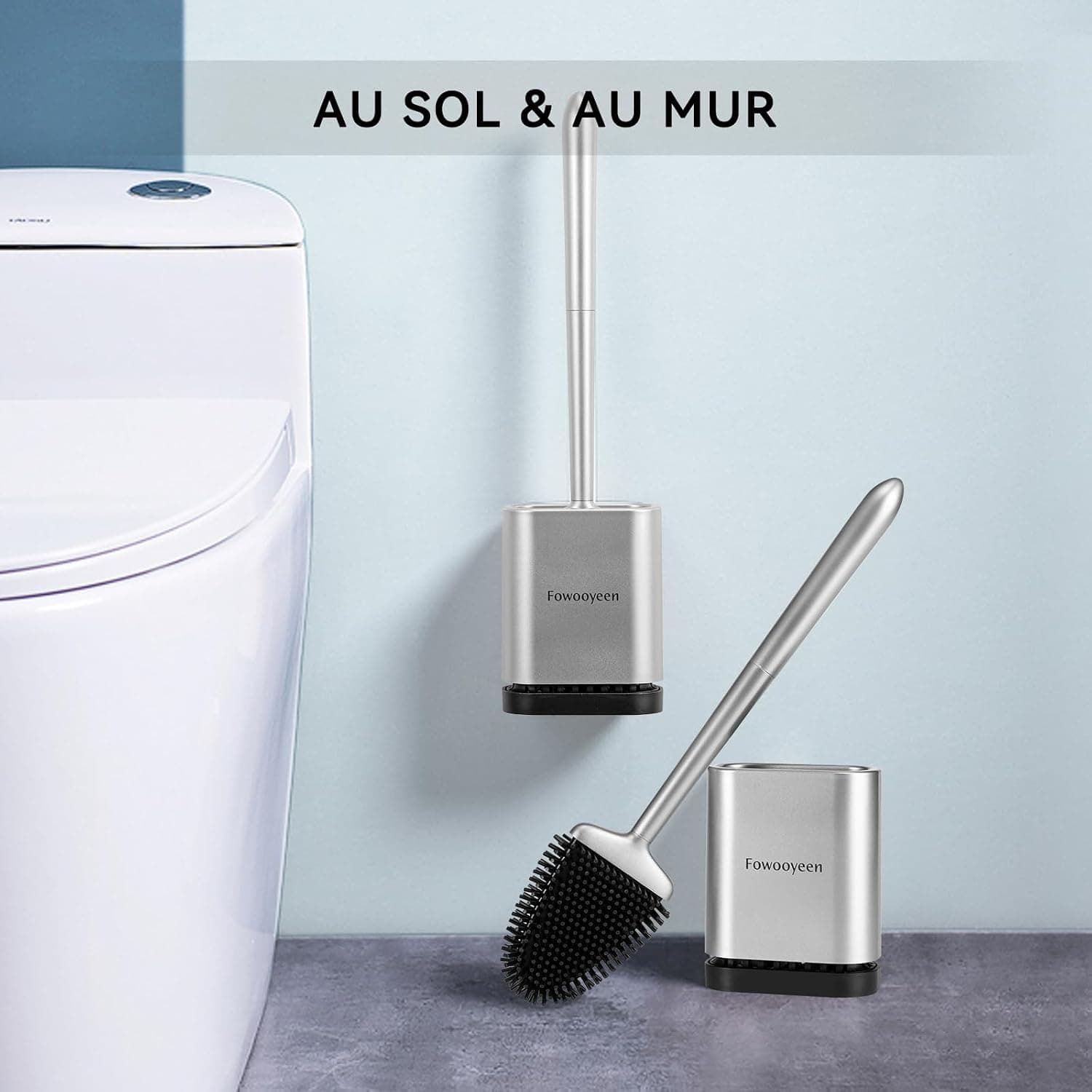 Fowooyen Brosse Toilettes WC Silicone, Balayette avec Support, Argent