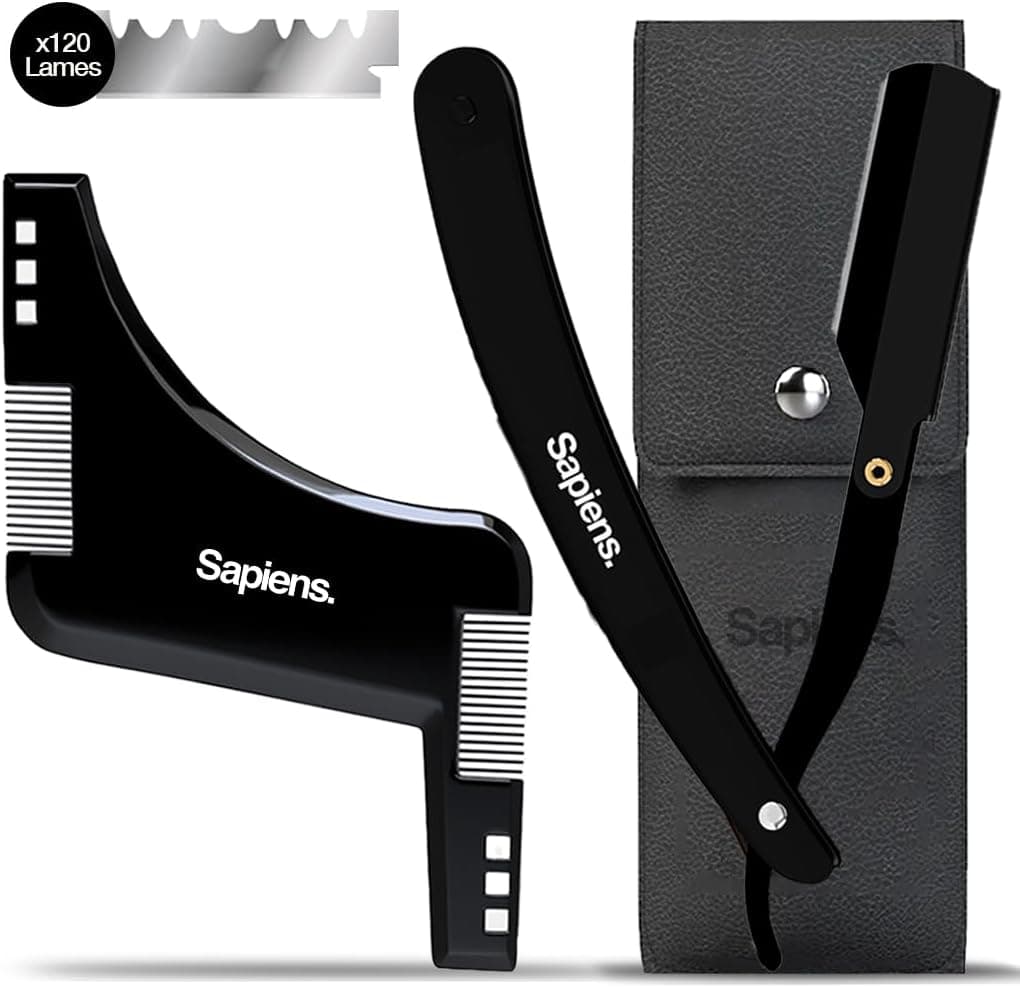 Sapiens Kit Rasage Barbier | Rasoir Coupe Choux Barbe, 120 Lames de Rasoir, Gel de Rasage Transparent, Hydratant Visage AprĂšs Rasage, Pochoir Contours