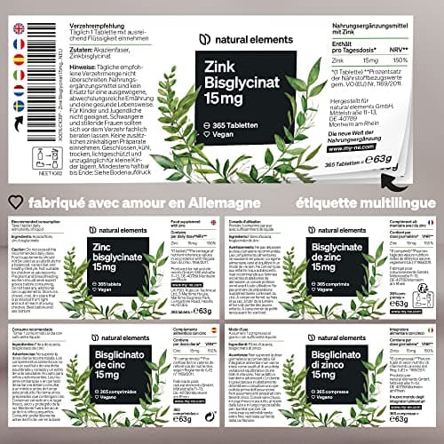Zinc Bisglycinate Pur 15mg – 365 Comprimés Végétaliens – Soutient pour l'Acné – Zinc pour Plus d'un An – Antioxydant et Beauté – pour une Peau Saine – Système Immunitaire – Sans Additifs