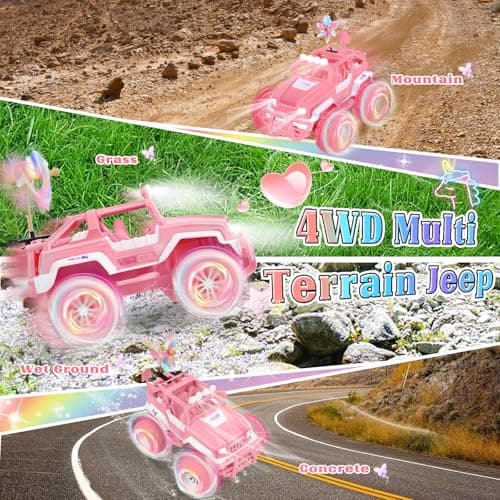 Ulikey RC Voiture Telecommandé, Voiture Télécommandée Fille, Jeep Rose 1:16 avec Lumières LED, Camion SUV Tout-Terrain 2,4 GHz, avec Moulin à Vent, Cadeaux Jouets Anniversaire pour Fille 4-12 Ans