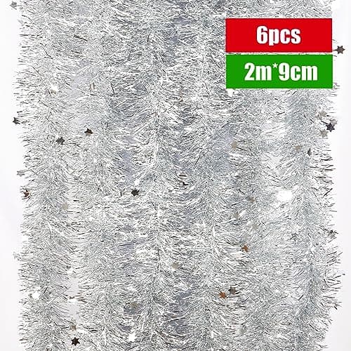 6PCS Guirlandes de Noël Tinsel 12m Avec Étoiles Décoration Scintillantes - Ornement Pendendif pour Sapin, Maison Intérieur, Fête, Anniversaire, Mariage (Argenté)