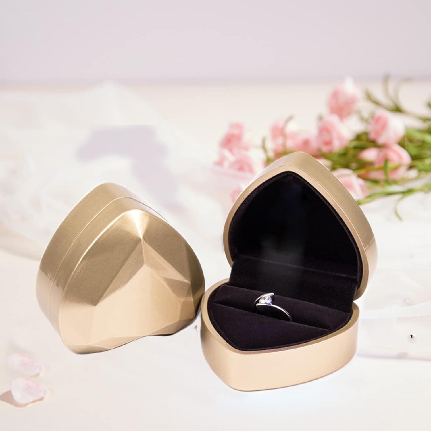 Boîte à bagues en forme de cœur, en velours, boîte à bijoux, boîte cadeau pour mariage, fiançailles, Saint-Valentin (doré)