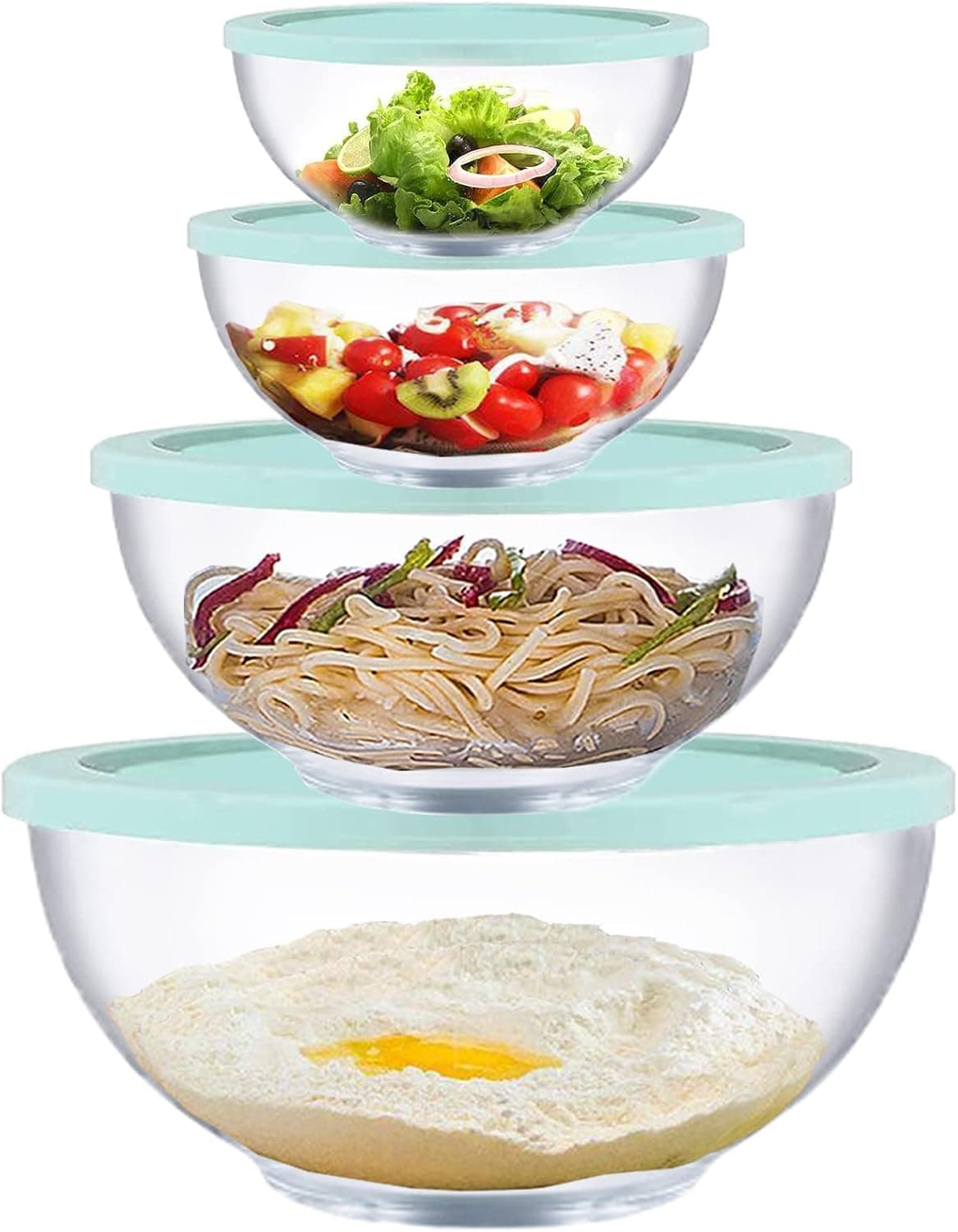 Homwin Lot de 4 Saladier Verre avec Couvercle Borosilicaté Résistant à La chaleur avec Couvercles (0,5L, 1,0L, 2,0L, 3,5L), Bol en Verre avec Couvercle peu Encombrants
