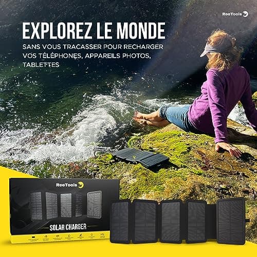 Batterie Externe Solaire avec 5 Panneaux Pliables, Câble Universel 3en1 & Lampe LED. Kit pour Randonnée Camping Survie. Power Bank, Alimentation Nomade pour Smartphone et Autres, idéal Survivalisme