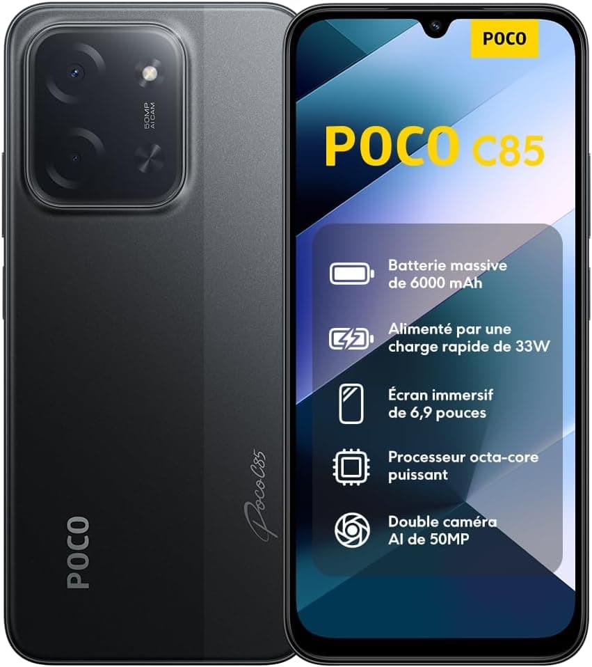 XIAOMI POCO C85 Smartphone 6+128 Go Double Caméra IA 50 MP - Noir | Écran 6,9 pouces 120Hz, Épaisseur 8mm, batterie 6000mAh, MediaTek Helio G81-Ultra, 2 ans de garantie, chargeur non inclus