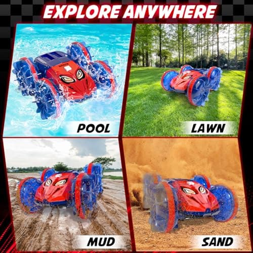 MYDOVA Voiture Telecommandé Enfant Tout Terrain Amphibie, 2.4 GHz Proportionnelle 20+ KM/H Hobby Offroad Monster RC Truck, 360°& 180°Rotation étanche