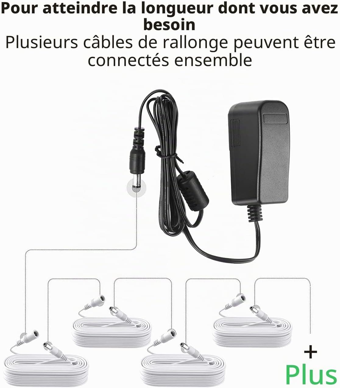 Lonnky 12V 3 Mètre Câble D'Extension LED, Compatible avec TAPO C110, Reolink, TP-Link, Caméras Smallrig, Caméras IP, Lumières LED Govee, Et DVR, 5.5 x 2.1 mm, Femelle À Mâle Connecteur - Blanc