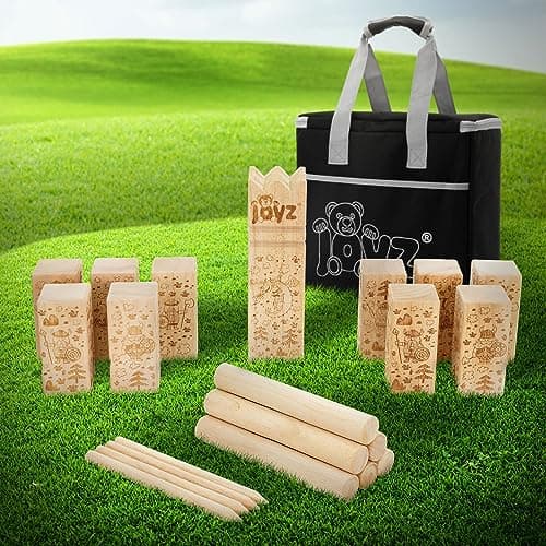 Joyz XXL Jeu de Lancer en Bois Massif de Qualité Supérieure, 21 Éléments de Jeu, 2-12 Joueurs, Jeu de Société Viking en Plein Air, Jeu de Société pour Enfants/Adultes, avec Sac de Transport