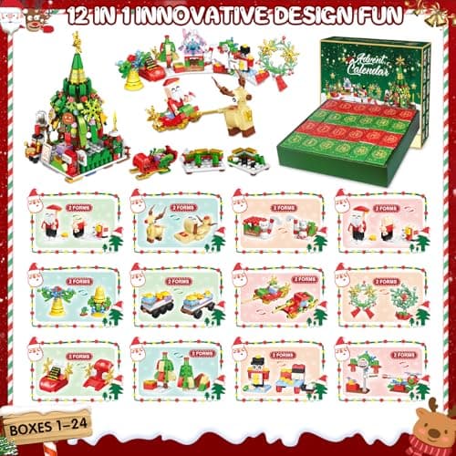 Calendrier de l'Avent 2024, Jouet Calendrier de l'Avent de Noël avec 24 Blocs de Construction 12 en 1 Père Noël Blocs Construction, Compte à rebours de Noël de 24 jours Cadeaux pour Enfants Adultes