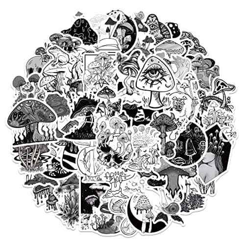 Goth Style Mushroom Lot de 50 autocollants gothiques esthétiques noirs et blancs imperméables en vinyle décoratif petits autocollants pour guitare, bouteille d'eau, bagages, tablette, téléphone,