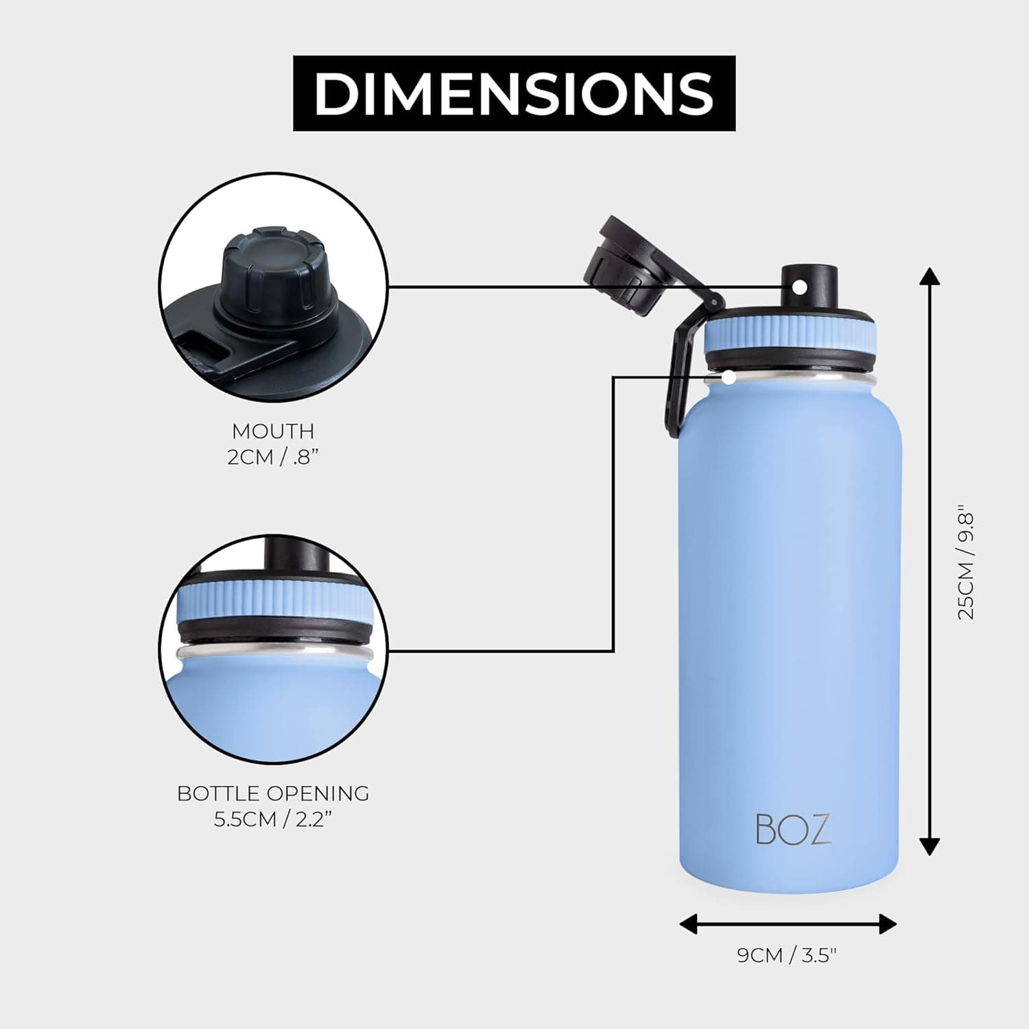 BOZ Gourde Isotherme en Inox, 1 L, Couvercle Anti-Germe (Bleu Clair) | Pour Bureau, Sport, Voiture, Randonnée et Salle de Gym