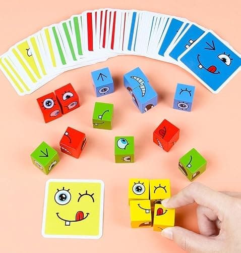 QHFlashbuy Jouet Montessori,Puzzle de Expression en Bois,Expressions en Bois Matching Block Puzzles,Cubes Face Change Cube Jeu,IQ Puzzle de Visage Jouet pour Enfant de Plus de 3 an