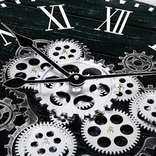 Lafocuse Horloge Murale Engrenages Mobiles Geante 57 cm Noire Industrielle Bois Vintage Pendule Murale Steampunk Chiffres Romains pour Salon Bar Bureau Cuisine