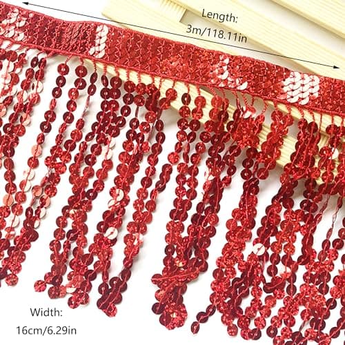 OHYER 3 mètres de long (x 16cm de large) Ruban à franges Paillettes pour costume Franges Garniture Dentelle Jupes paillettes or Jupes de Franges Danse du Ventre à Franges Accessoires rouge BRICOLAGE